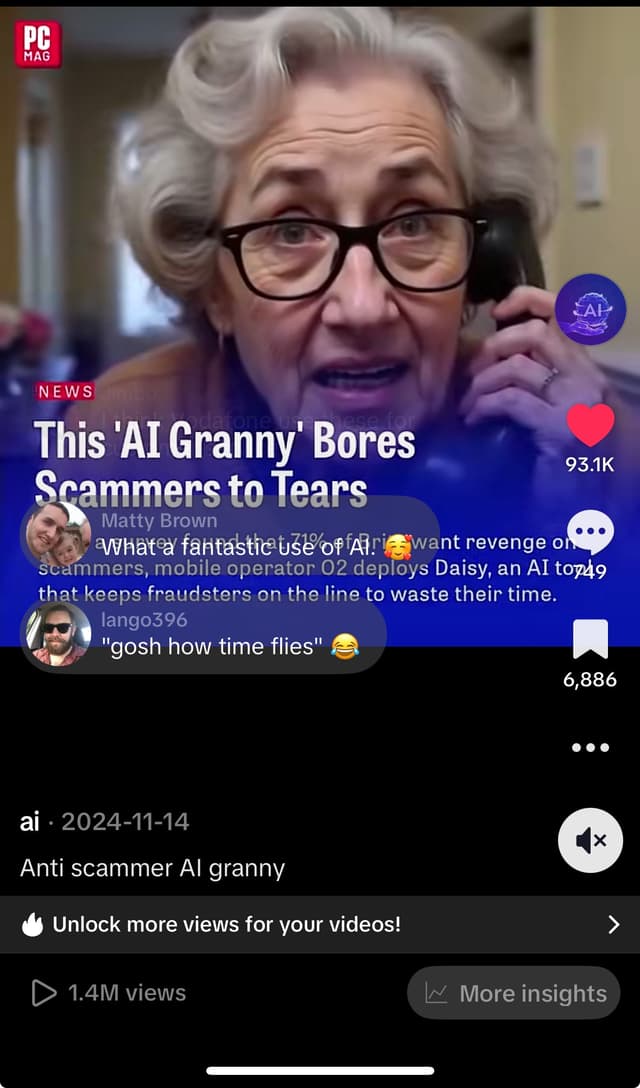 @ai TikTok clip showing 1.4M views — AI Granny anti-scammer video with 93.1K likes and 6,886 comments